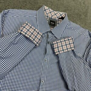 BOSS Hugo Boss Mens XL Blue Red Regular Fit Button Shirt Plaid Gingham Flip Cuff